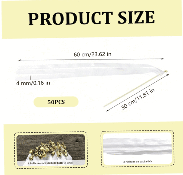 White Ribbon Wands with Bells- 50 piece - Image 3